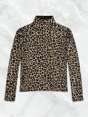 Tahari Sweater Brown Black Leopard Print Long Sleeve Knit Turtleneck Mob Wife L